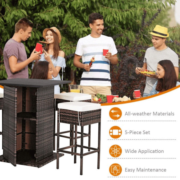 5-Piece Patio Rattan Bar Table Stool Set With Hidden Storage Shelf & Cushions (SAK14645)