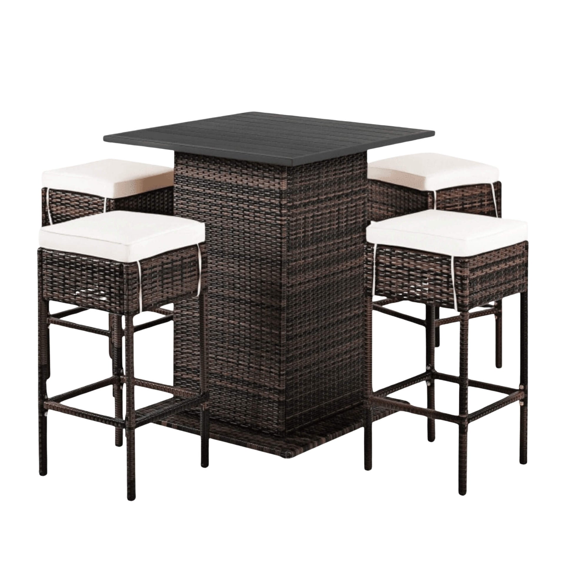 5 PCS Patio Rattan Bar Table Stool Set With Hidden Storage Shelf & Cushions (SAK14645)