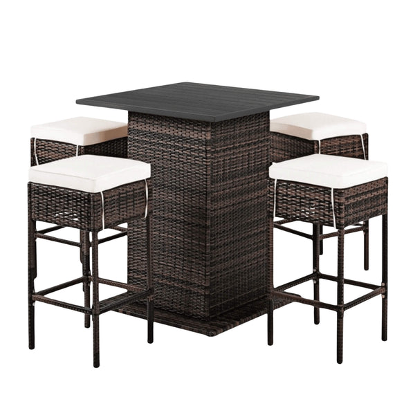 5 PCS Patio Rattan Bar Table Stool Set With Hidden Storage Shelf & Cushions (SAK14645)