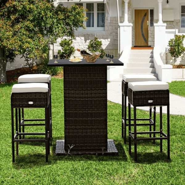 5-Piece Patio Rattan Bar Table Stool Set With Hidden Storage Shelf & Cushions (SAK14645)