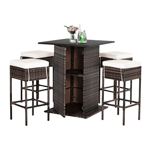 5 PCS Patio Rattan Bar Table Stool Set With Hidden Storage Shelf & Cushions (SAK14645)
