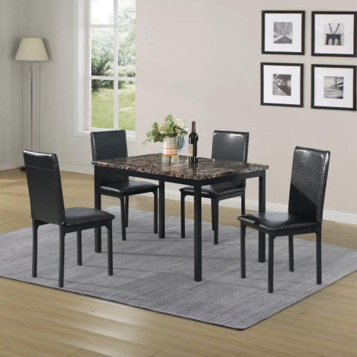 5-Piece Black Dining Table Set with Marble Style Top