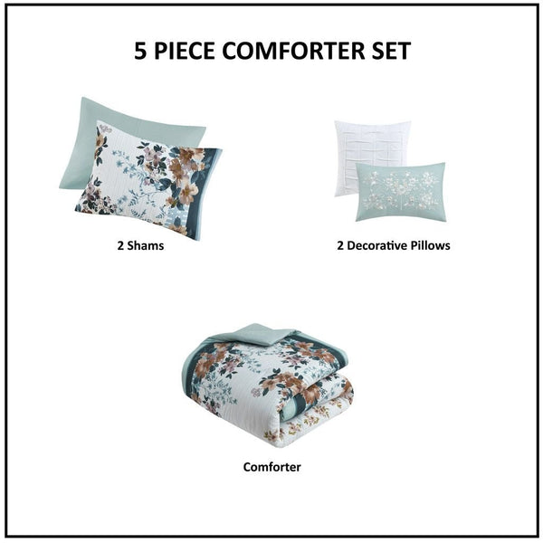 5 Piece Cotton Floral Comforter Set with Throw Pillows