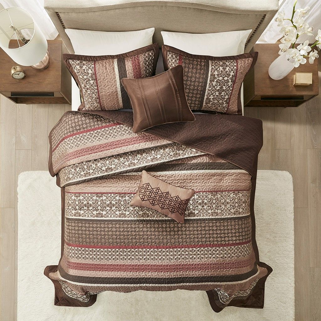 5 Piece Reversible Jacquard Bedspread Set Red King