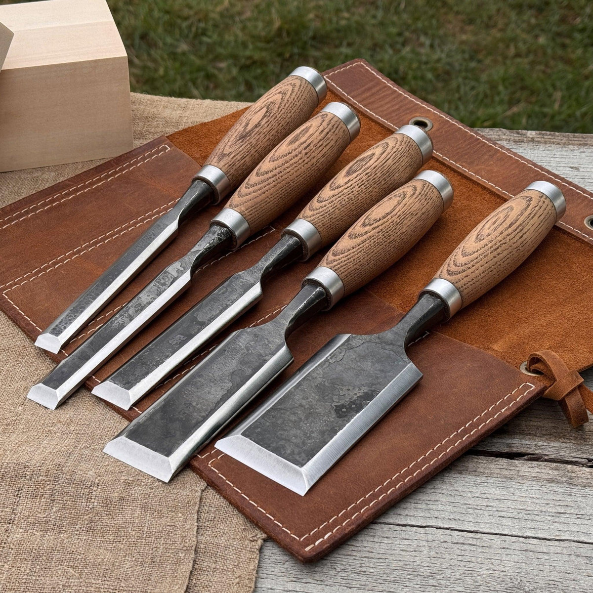 5-Piece Small Timber Framing Chisel Set with Leather Case