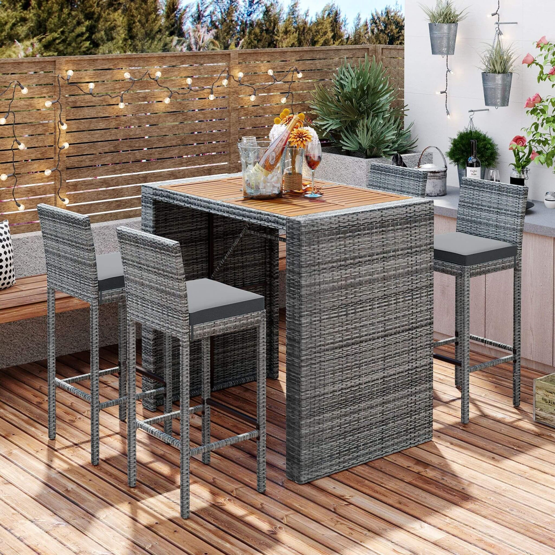 Alora 5-Piece Wicker Patio Bar Set With Cushions & Acacia Table (SAK26801)