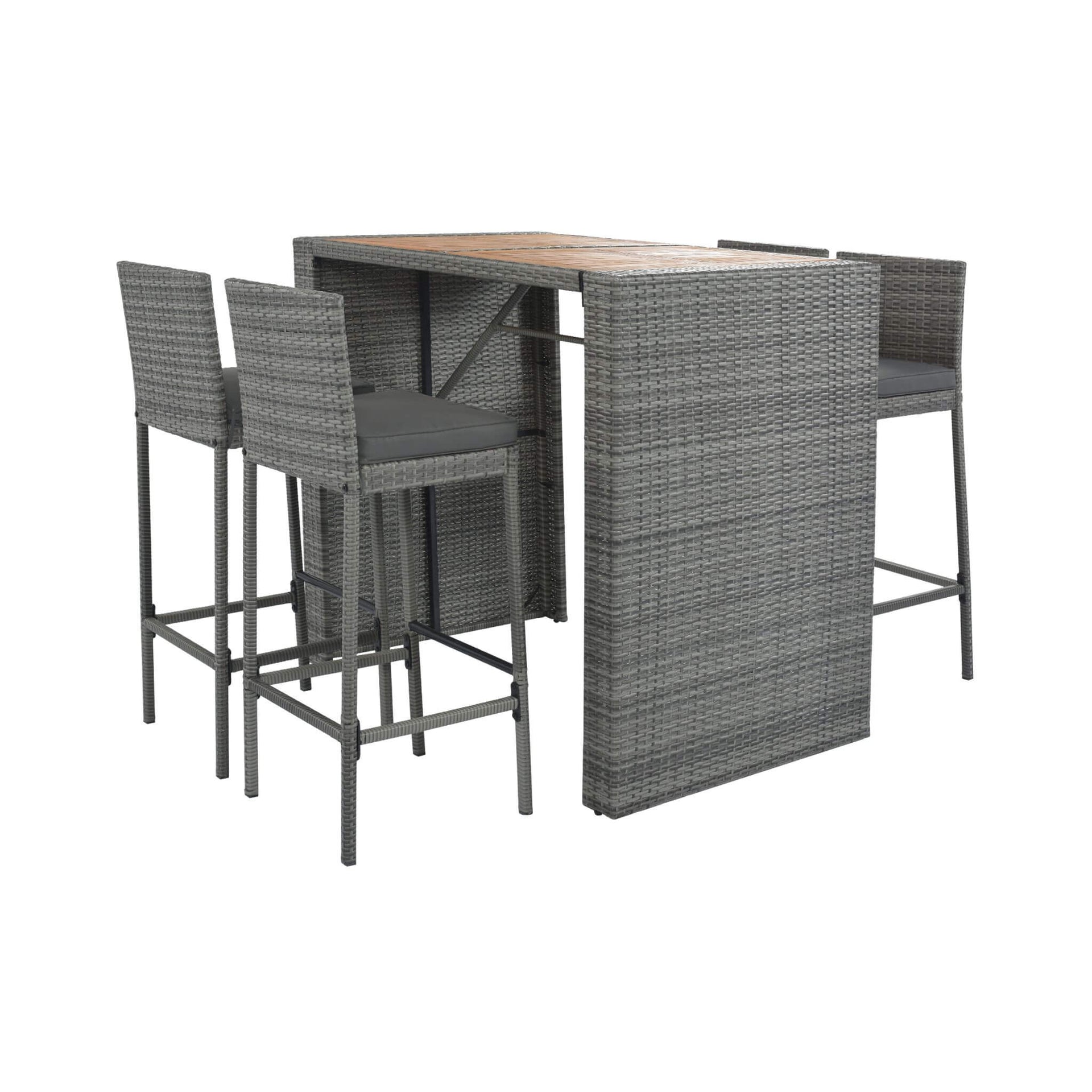 Alora 5-Piece Wicker Patio Bar Set With Cushions & Acacia Table (SAK26801)