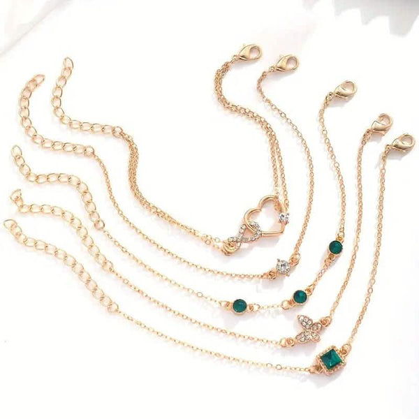 5-Pieces: Love Full Throw Diamond Shining Infinite Symbol Geometry Green Rhinestone Bracelet Set