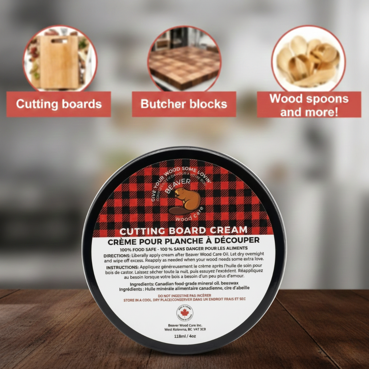 118ml Cutting Board Cream | 100% Canadian Beeswax & Mineral Oil | Food Safe Finish Beaver Wood Care
