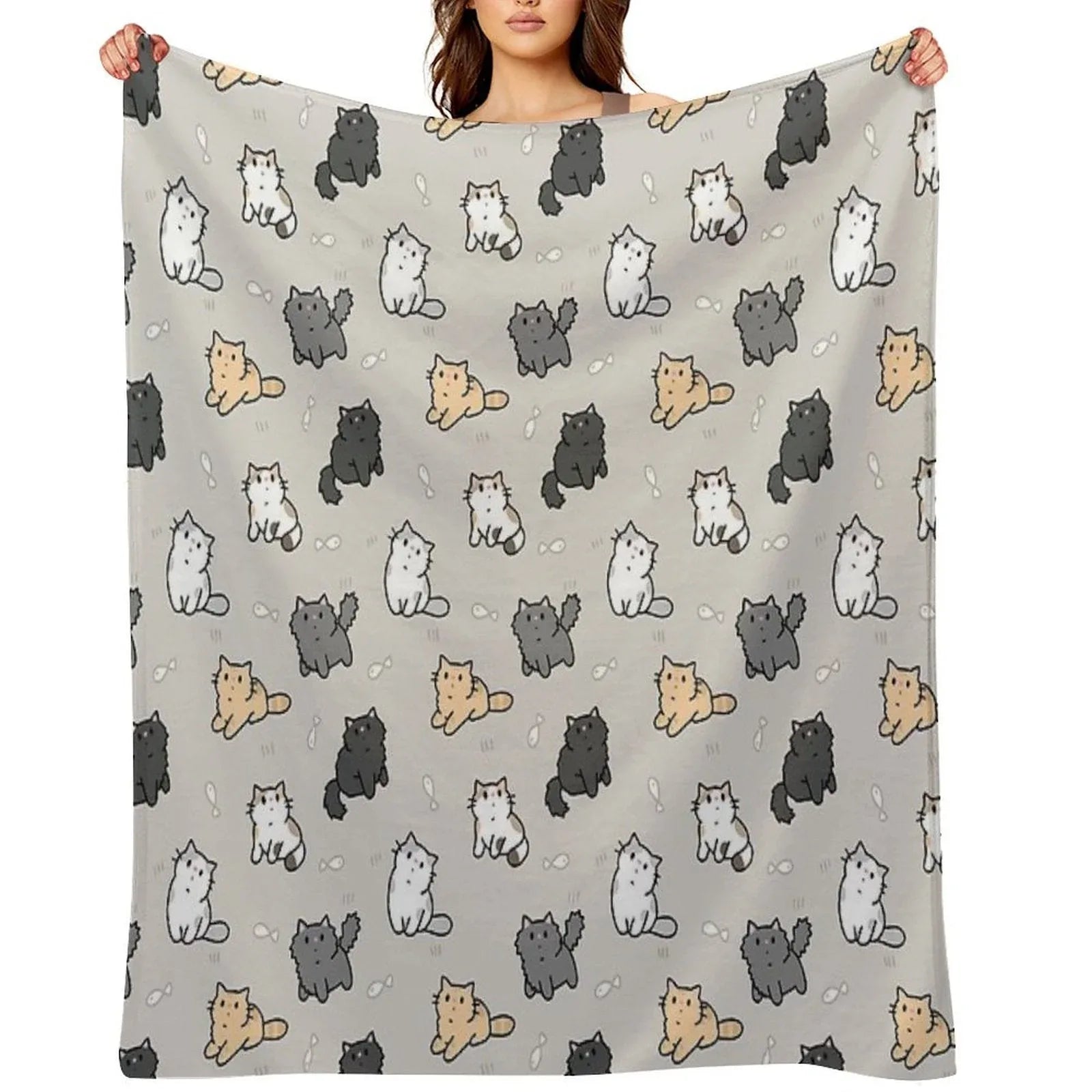 Kittens And Fish Pattern Throw Blanket