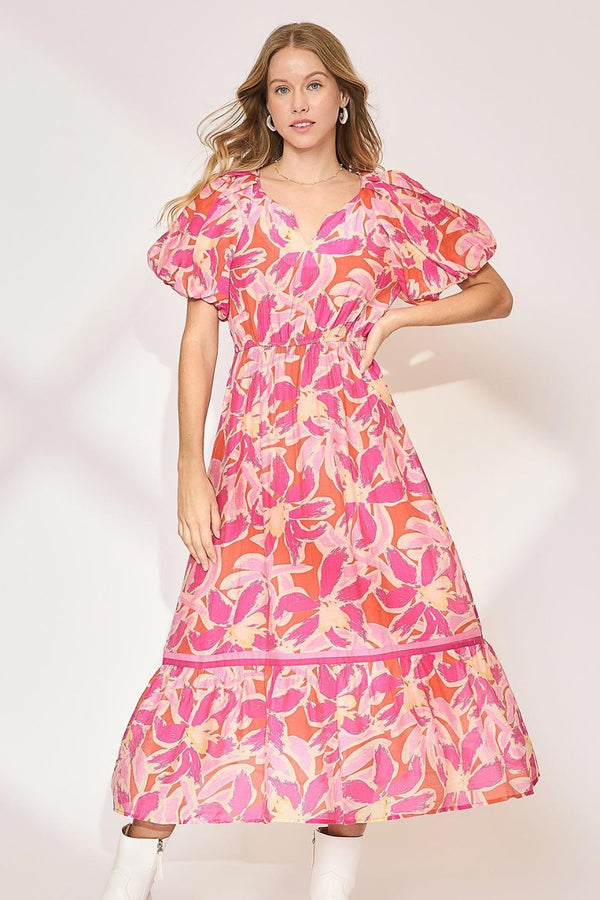 New Summer Floral Notched Puff Sleeve Midi Dress For Women – Fluttering, Elegant Floral Print Midi Dress with Trendy Notched Neckline and Puff Sleeves