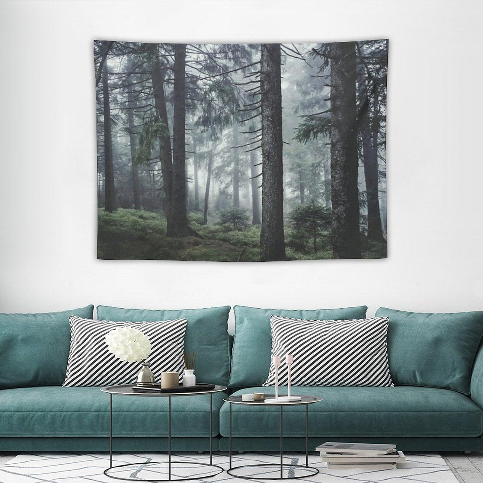 Path Vibes  Wild Romantic Misty Retro Fall Wilderness Fairytale Forest With Cascadia Trees Covered In Magic Blue Fog Season Tapestry