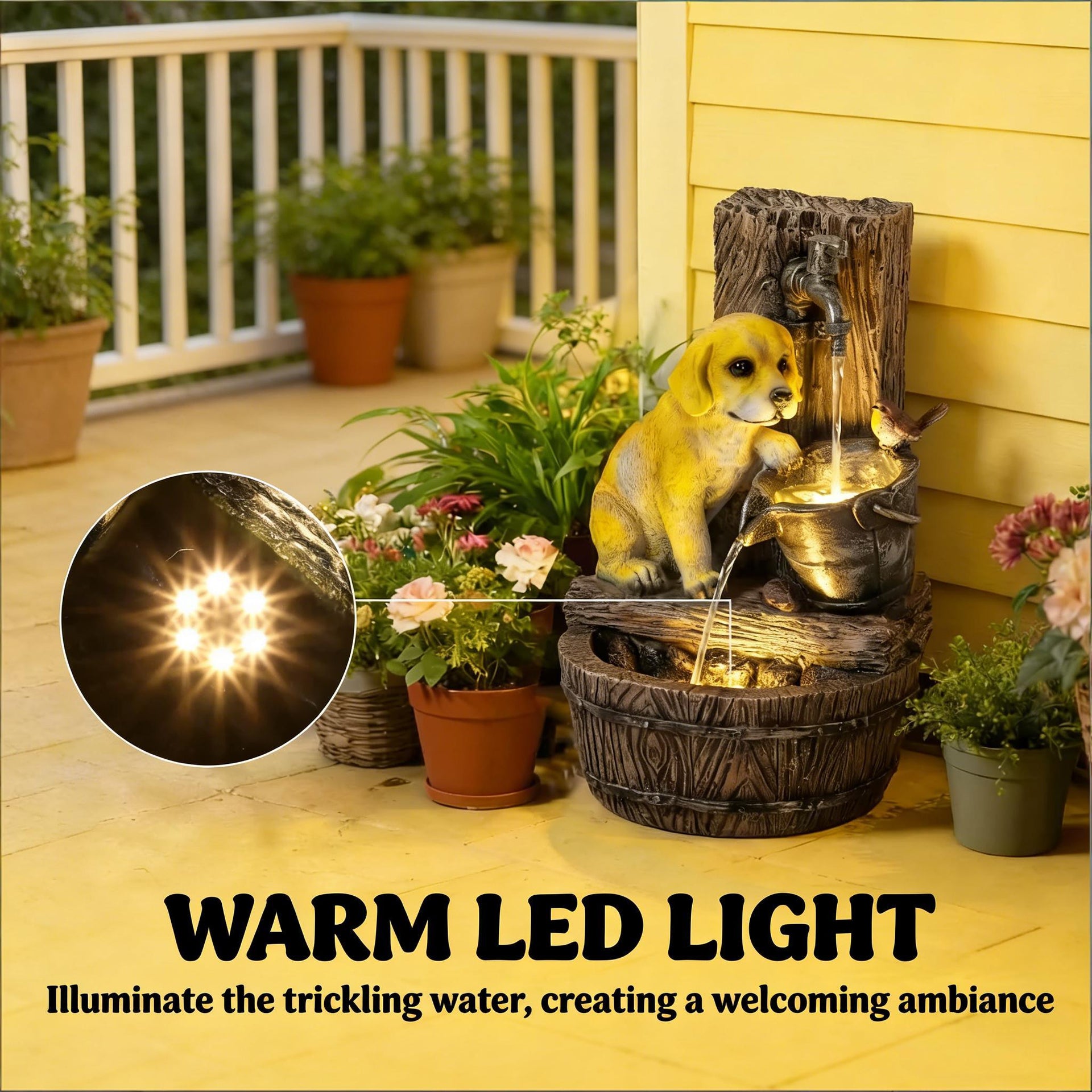 Resin Puppy Garden Outdoor Water Fountain 22 Inch