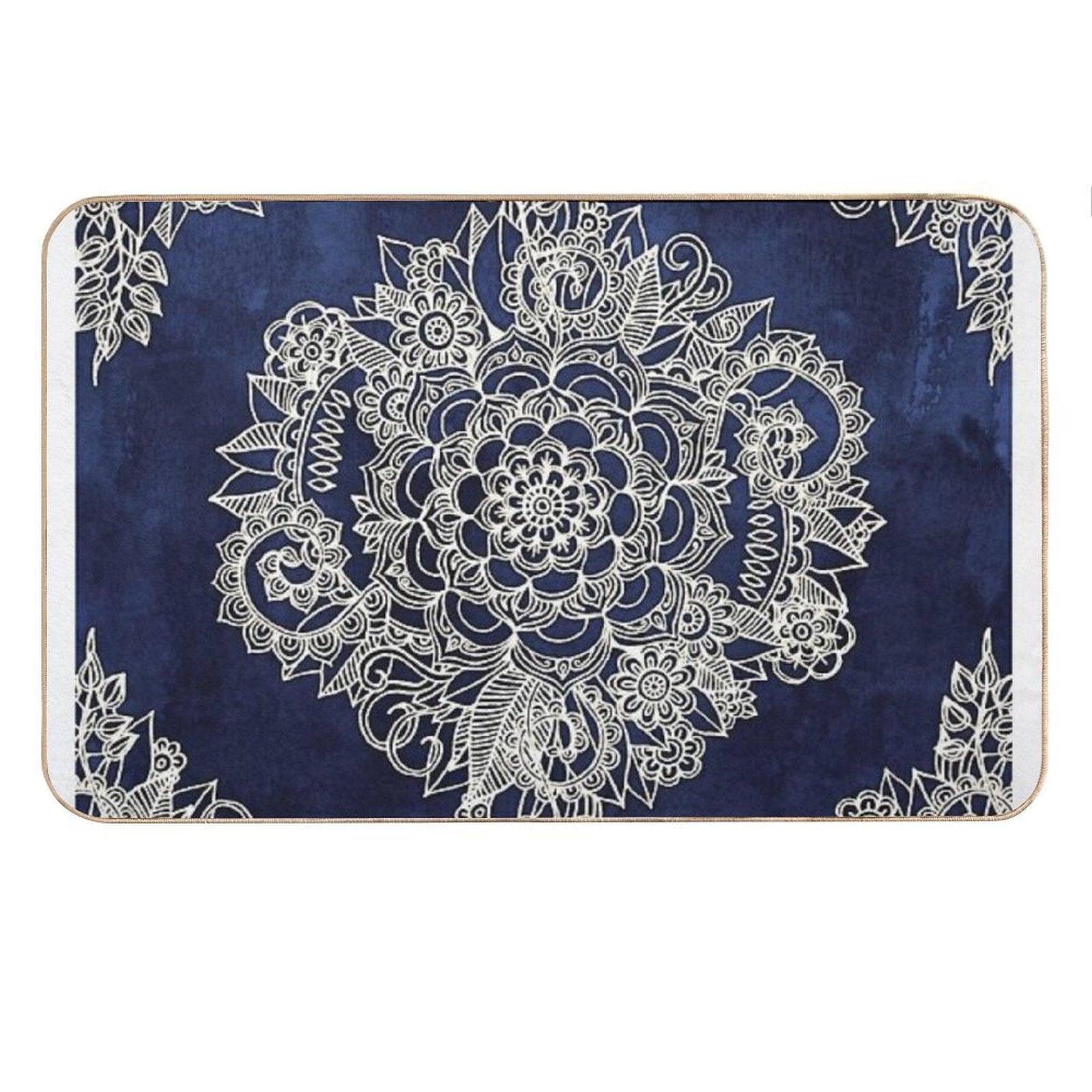 Cream Floral Moroccan Pattern on Deep Indigo Ink Bath Mat