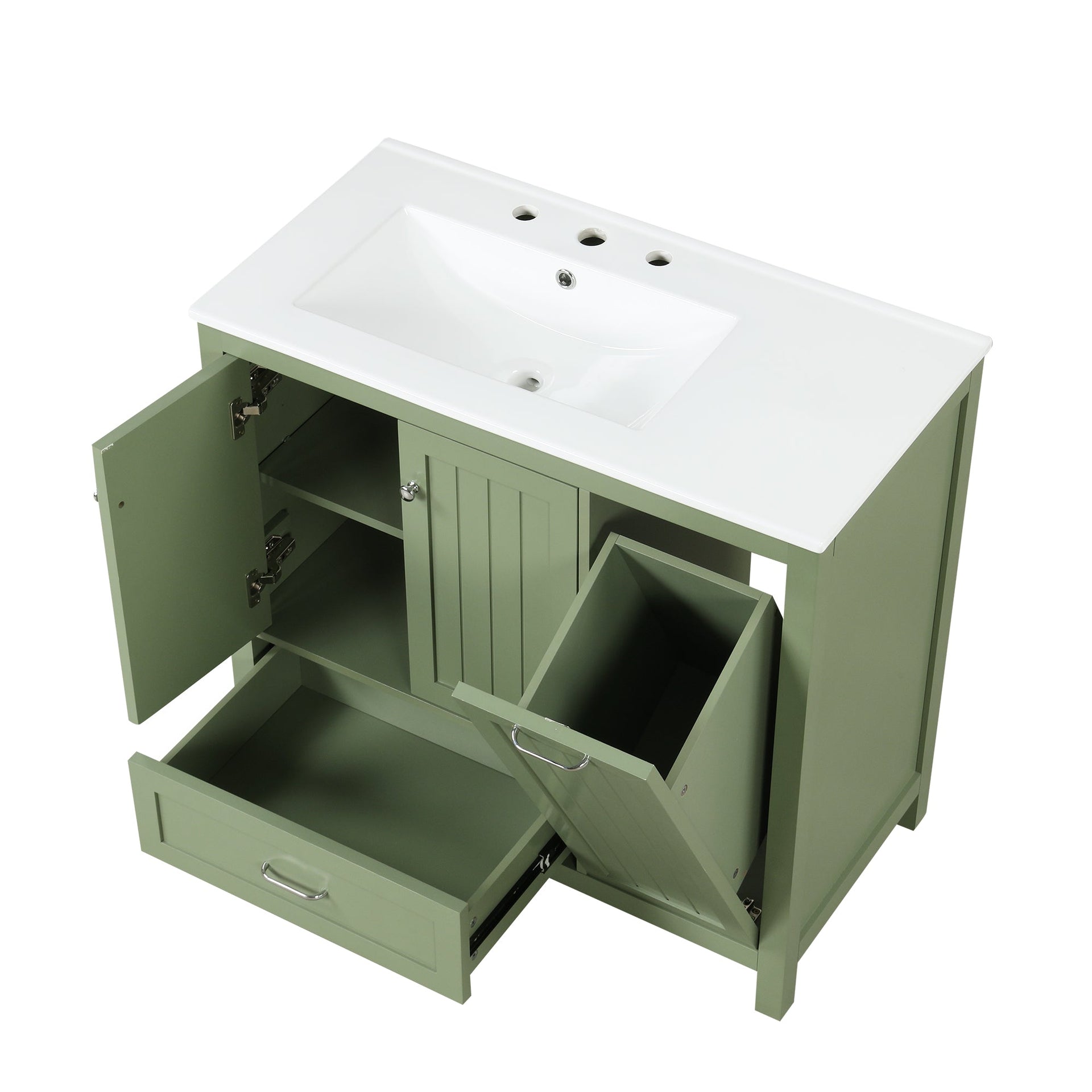 36 inch bathroom vanity with sink, one double door cabinet one large drawer and one flip drawer solid wood and MDF board, green