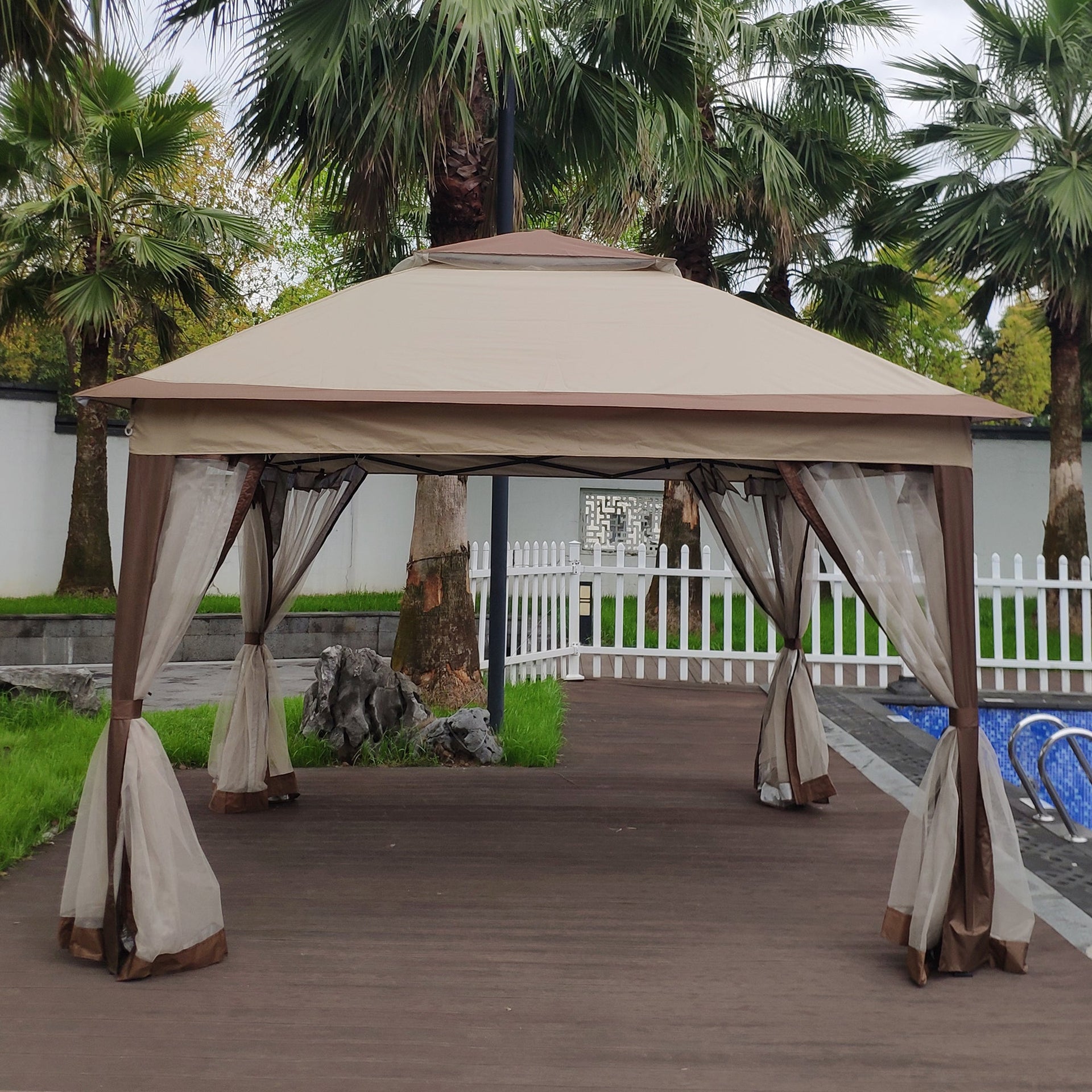 Outdoor Pop-Up Gazebo Canopy 11 x 11 ft (132 x 132 inch) with 2-Tier Soft Top and Removable Zipper Netting - Coffee Metal