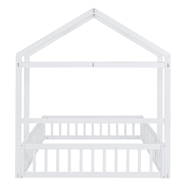Wooden Full Size Children's Bed with Detachable Headboard and Integrated Clothes Drying Rack, White