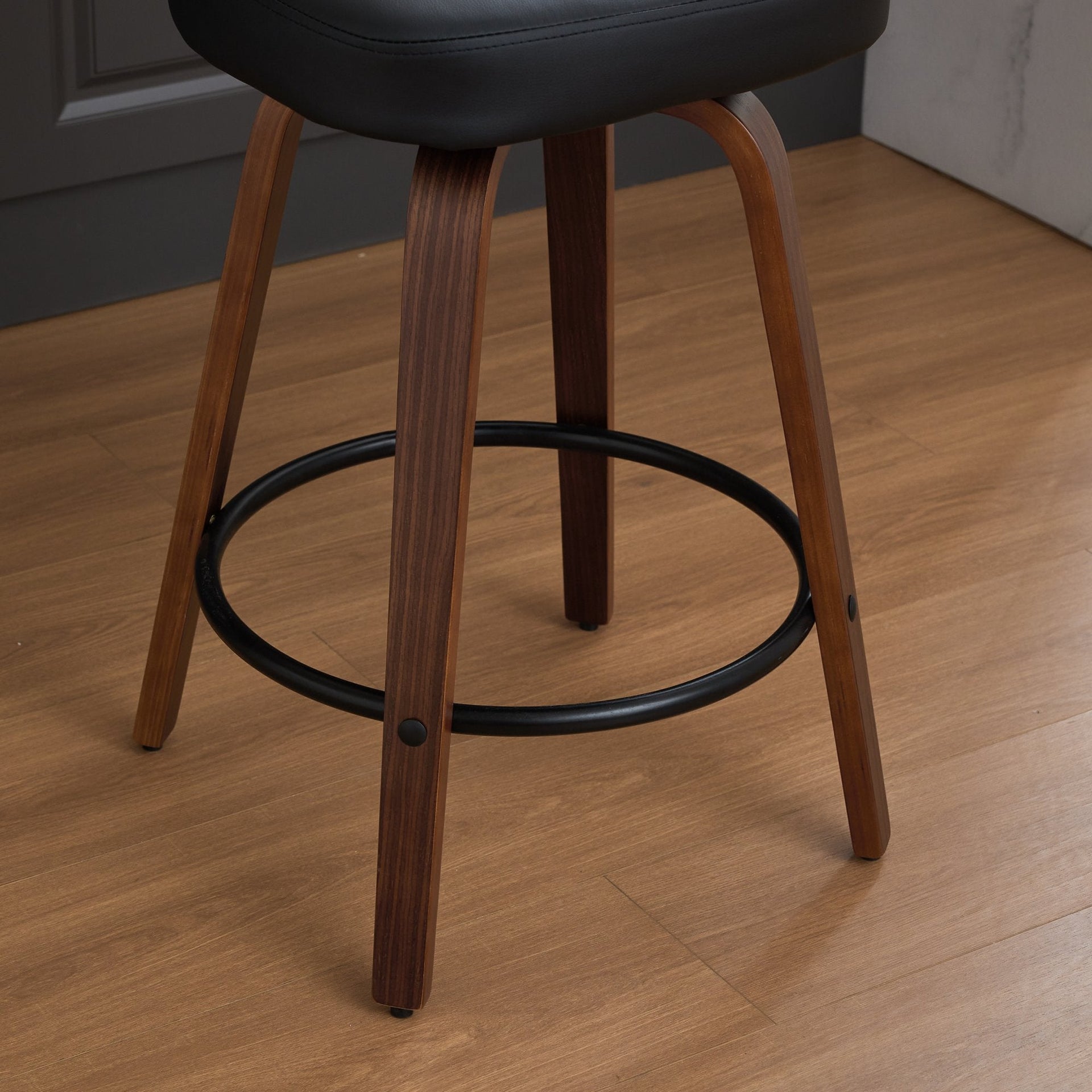 Black PU Leather and Walnut Bentwood Swivel Bar Stool Set