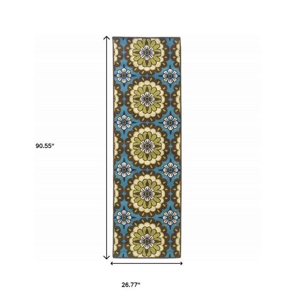2' X 8' Blue and Green Floral Stain Resistant Indoor Outdoor Area Rug