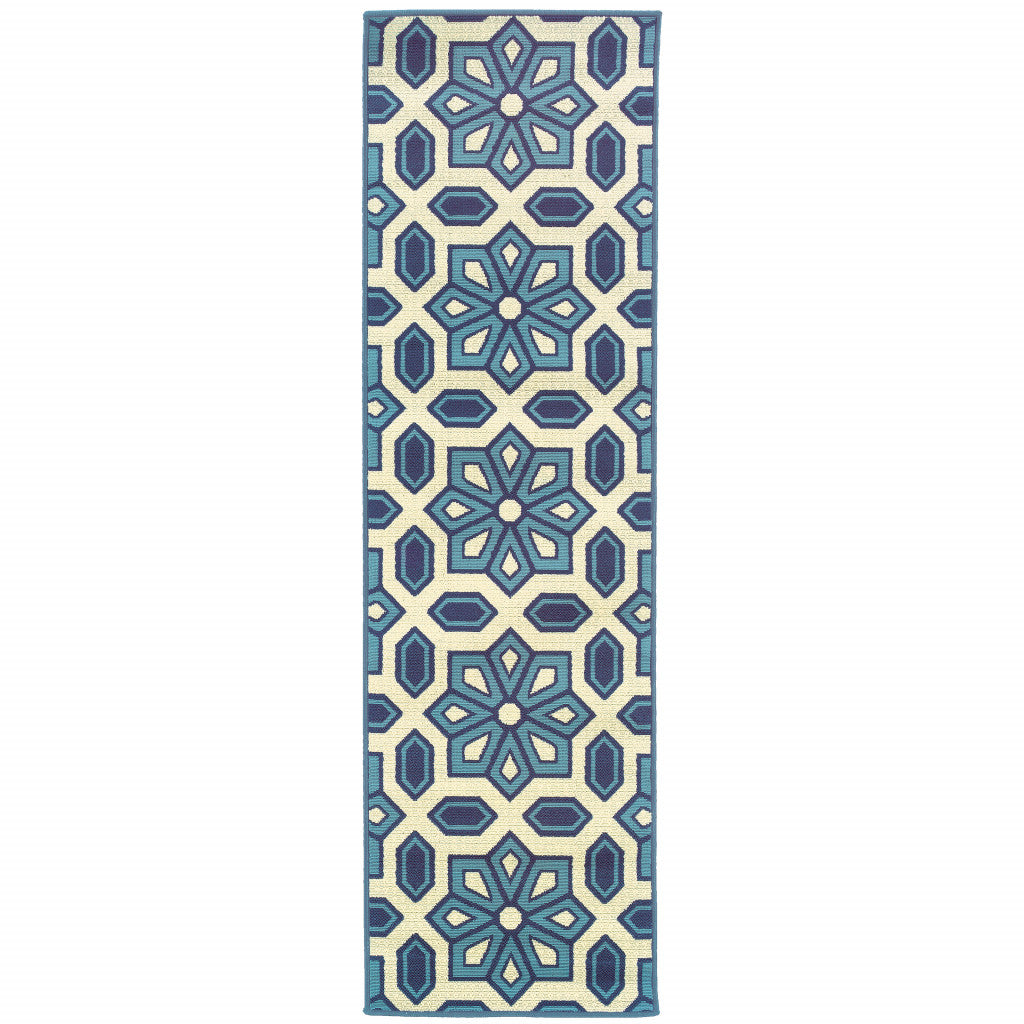 2' X 8' Ivory and Blue Geometric Stain Resistant Indoor Outdoor Area Rug