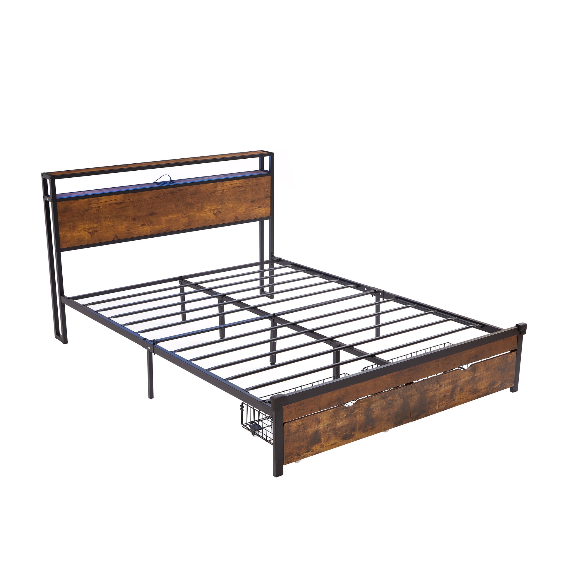 Large metal bed frame with wooden headboard and USB foot pedal, charging station, 2 drawers, LED lights, no need for box spring