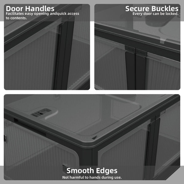 506QT 4-Pack Transparent Stackable Storage Bins with 5 Doors to Open with Wheels, Folding Plastic Craft Containers Large Closet Organizers Box for Bedrooms Living Rooms Study Kids' Toys, Black