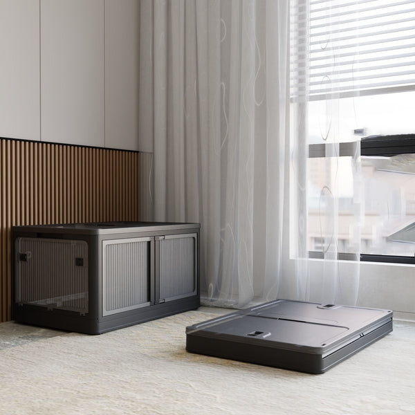 506QT 4-Pack Transparent Stackable Storage Bins with 5 Doors to Open with Wheels, Folding Plastic Craft Containers Large Closet Organizers Box for Bedrooms Living Rooms Study Kids' Toys, Black