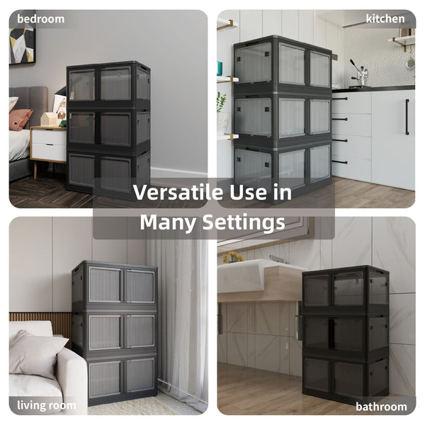 506QT 4-Pack Transparent Stackable Storage Bins with 5 Doors to Open with Wheels, Folding Plastic Craft Containers Large Closet Organizers Box for Bedrooms Living Rooms Study Kids' Toys, Black