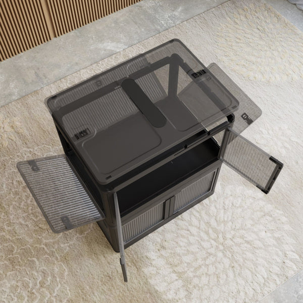 506QT 4-Pack Transparent Stackable Storage Bins with 5 Doors to Open with Wheels, Folding Plastic Craft Containers Large Closet Organizers Box for Bedrooms Living Rooms Study Kids' Toys, Black