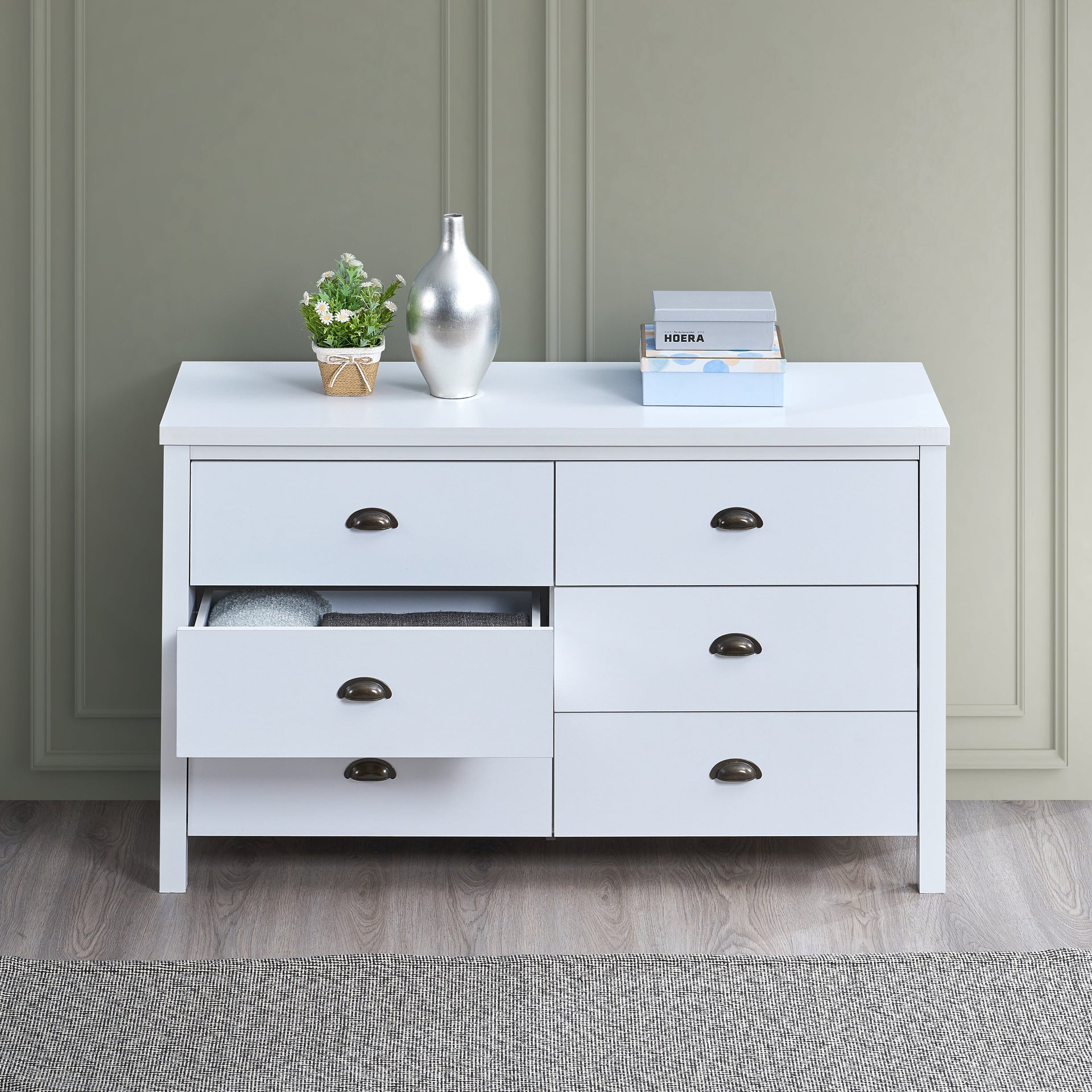 SAFARI 6-drawer main dressing table with interlocking drawer function, easy to assemble, classic white color