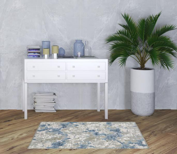 3' X 5' Grey Blue Ivory Navy Beige And Brown Abstract Power Loom Stain Resistant Area Rug