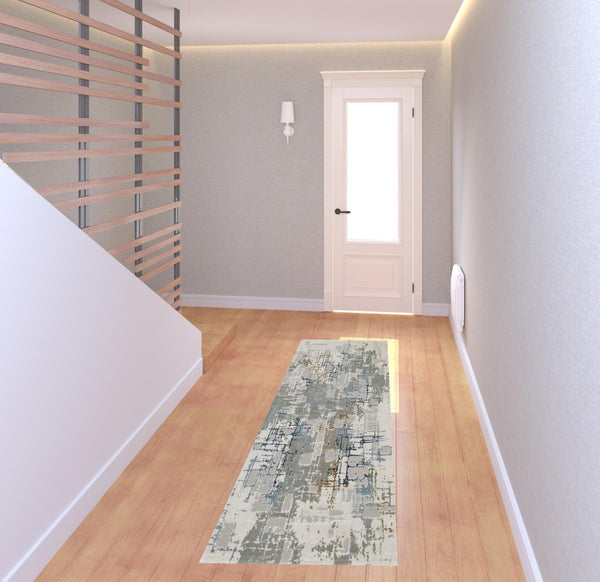 2' X 8' Grey Blue Brown Ivory And Deep Blue Abstract Power Loom Stain Resistant Runner Rug