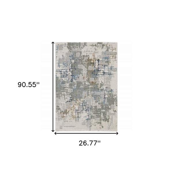 2' X 8' Grey Blue Brown Ivory And Deep Blue Abstract Power Loom Stain Resistant Runner Rug