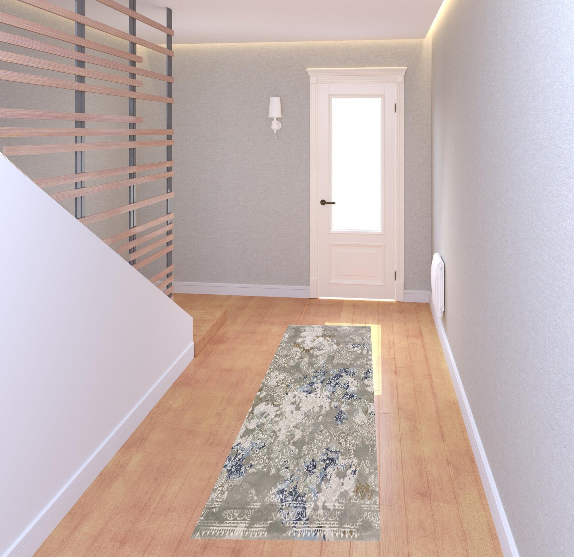 2' X 8' Grey Blue Ivory Brown And Navy Abstract Power Loom Stain Resistant Runner Rug