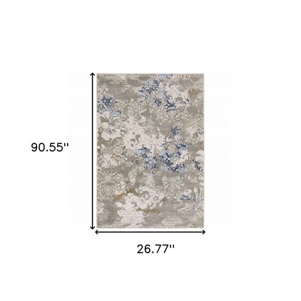 2' X 8' Grey Blue Ivory Brown And Navy Abstract Power Loom Stain Resistant Runner Rug