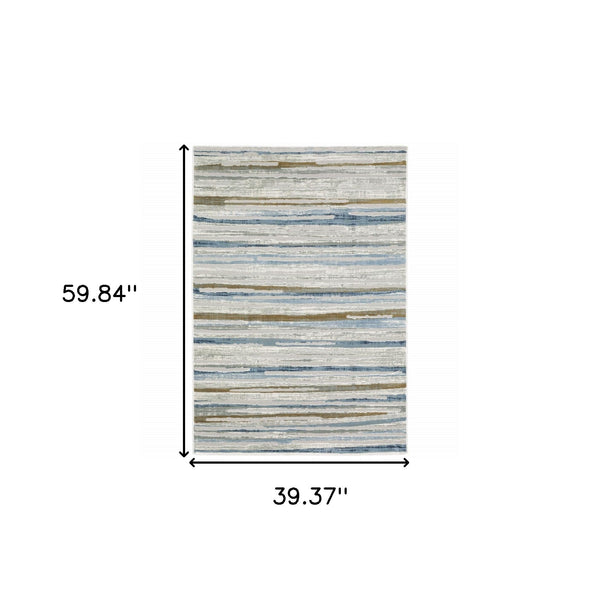 3' X 5' Grey Blue Ivory Brown Beige And Navy Abstract Power Loom Stain Resistant Area Rug