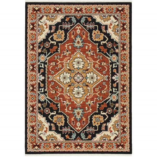 2' X 3' Black and Orange Oriental Power Loom Area Rug