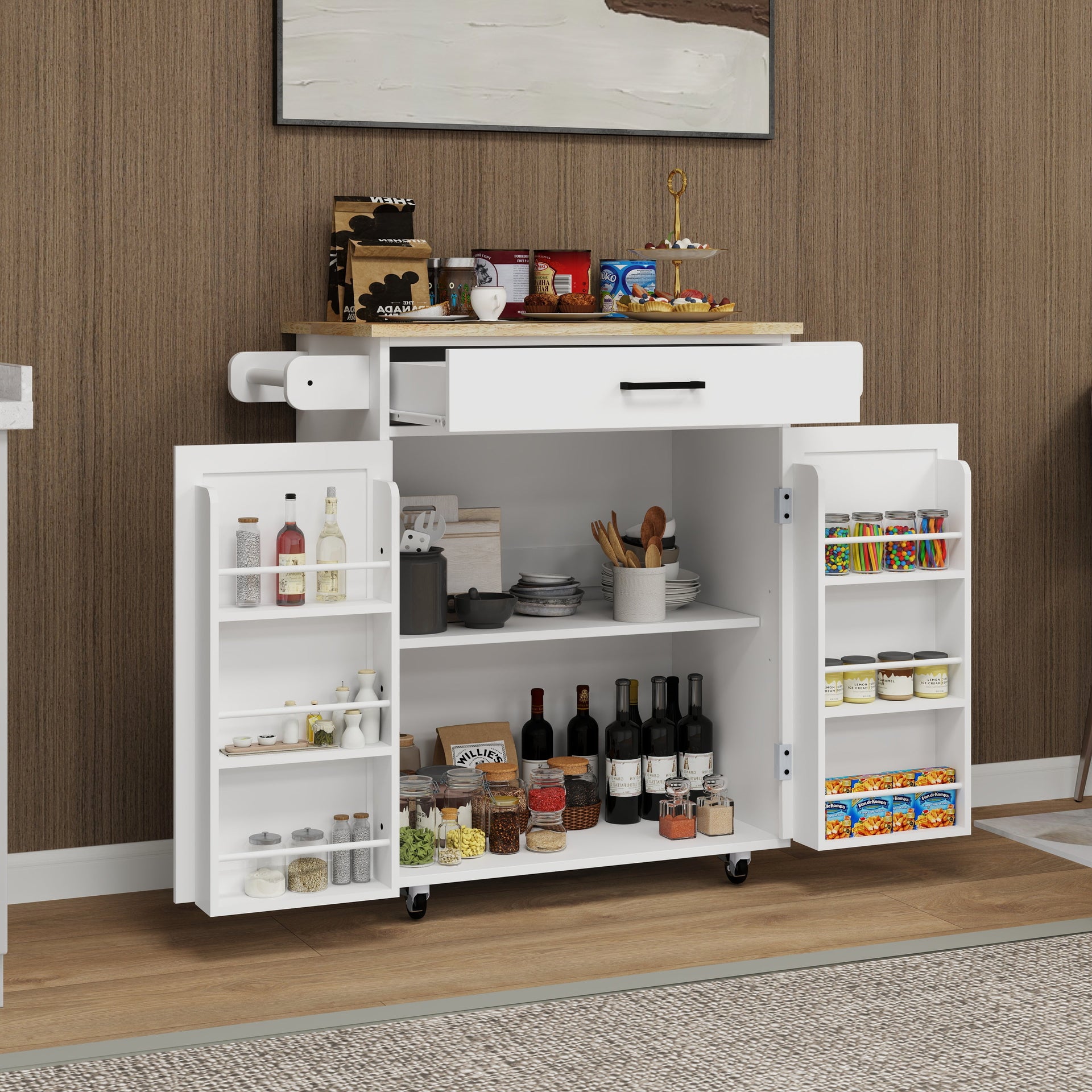 Kitchen island rolling trolley cart with 1 drawer & 2 doors with storage racks & Adjustable Shelves & towel rack