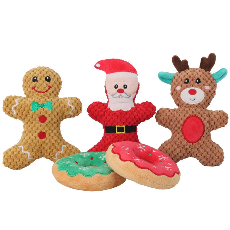 Xmas Pet Dog Plush Noise Chewing Toy Santa Elk Gingerbread Man Donut Cat Dog Christmas Series Cartoon Dog Toy Plush Squeak Toy