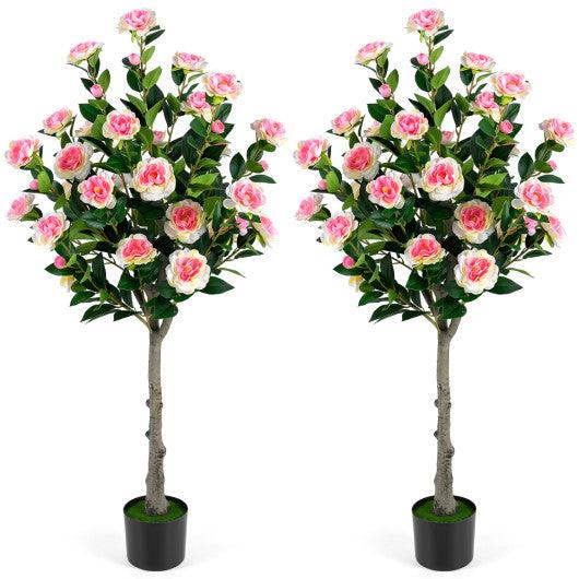 Set of 2 Artificial Camellia Tree with 27 Blossoms in Cement Pot for Home