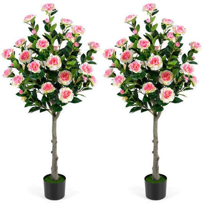 Set of 2 Artificial Camellia Tree with 27 Blossoms in Cement Pot for Home