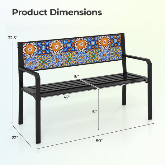 50 Inch Patio Metal Bench Slatted Loveseat for 2-3 People with Mosaic Backrest-Black