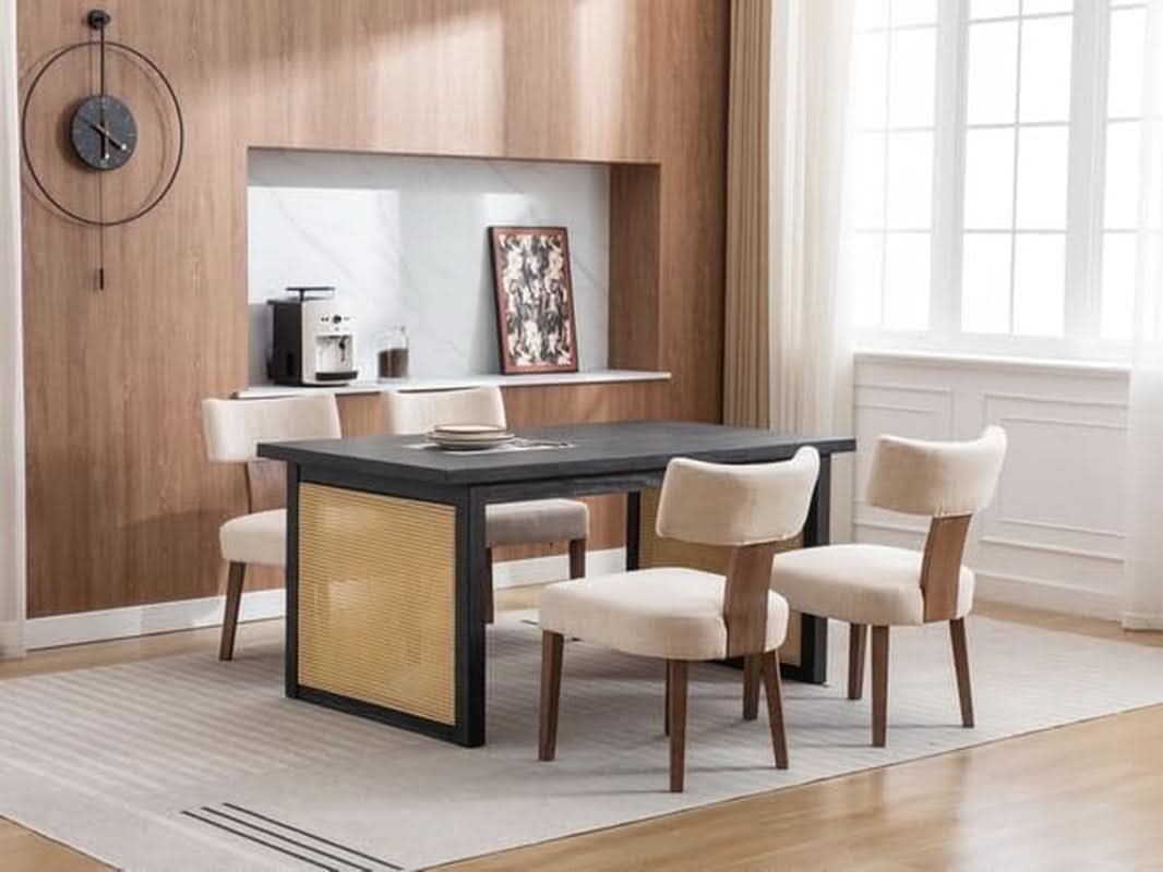 Beige Linen Fabric Upholstered Dining Chairs Curved Back