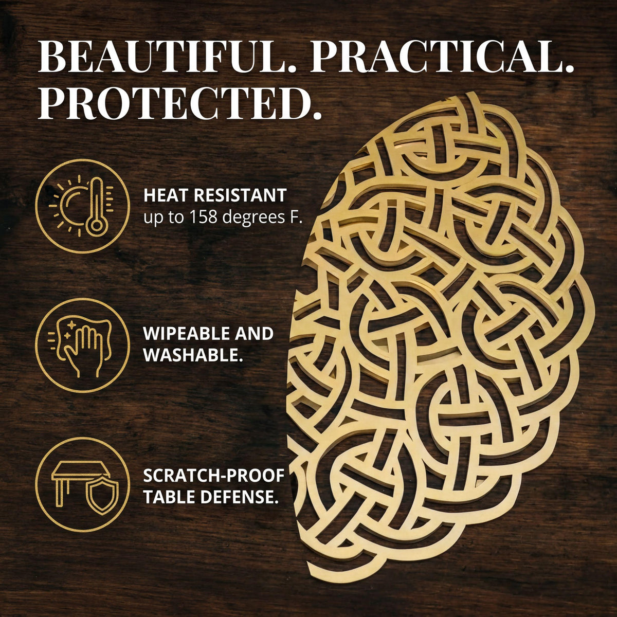 Gold Wooden Trivet – Heat Resistant MDF Wood Carved Placemats for Dining Table