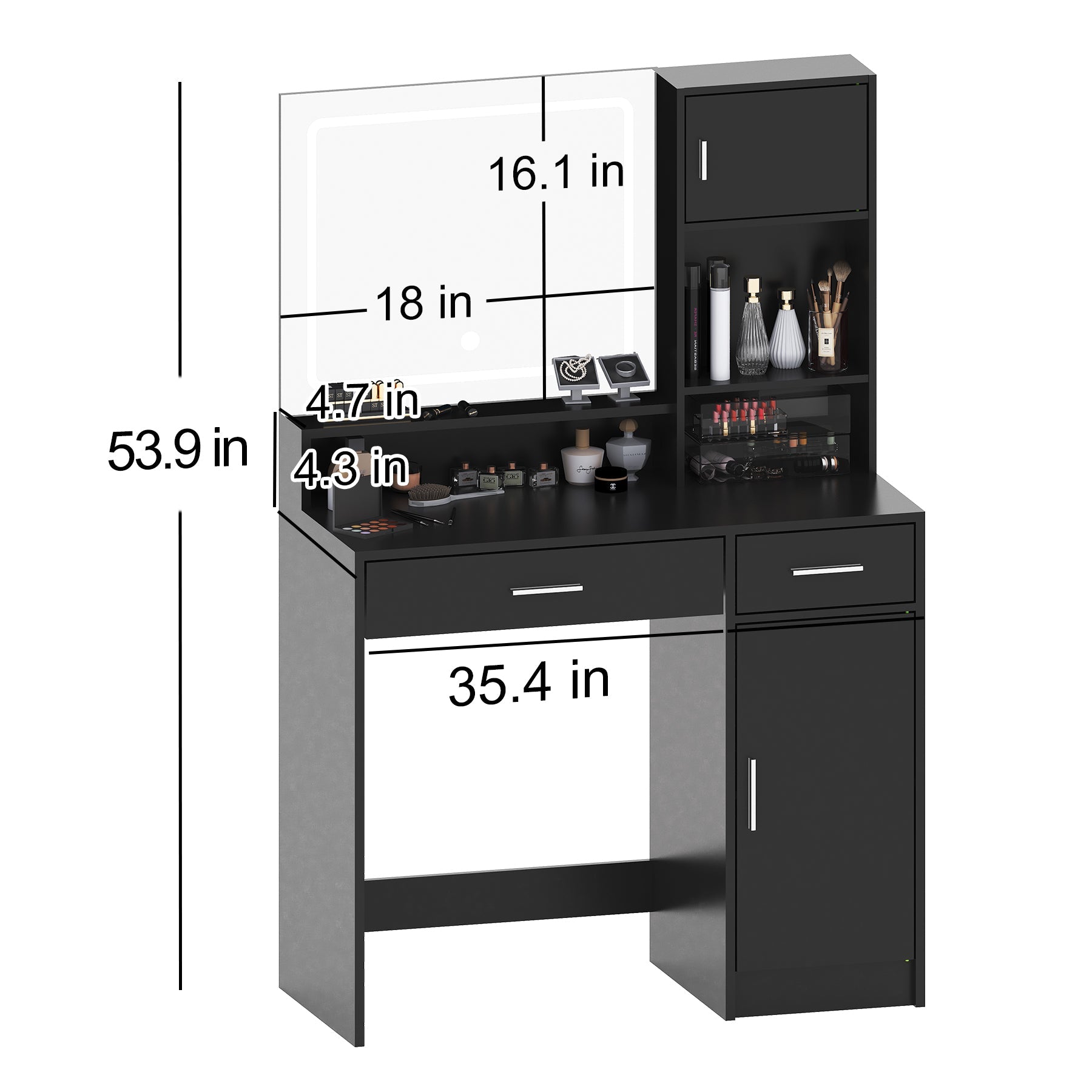 Vanity Desk with Mirror, LED Light Strip, Large Drawer & 3-Level Storage