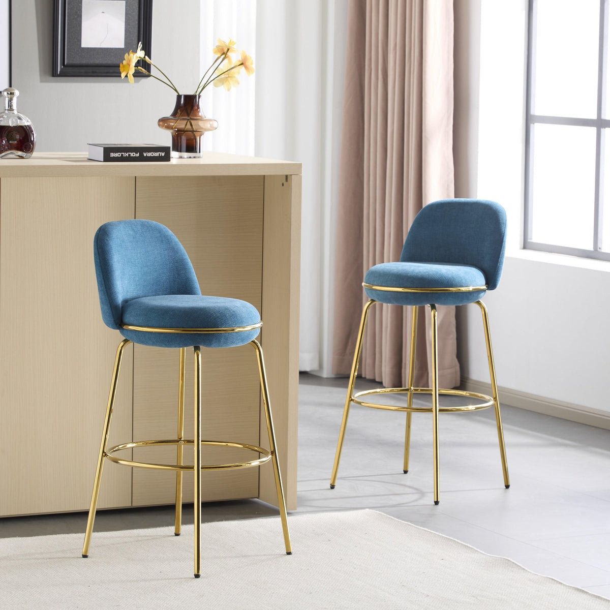 Modern Blue & Gold Upholstered Bar Stools with Backrest & Footrest – Set of 2