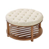 Large Round Ottoman Coffee Table, 31.9 Inch Tufted Coffee Table With Solid Wood Shelf Storage, Linen Solid Upholstered Footrest Ottoman For Bedroom Living Room, 350 LBS, Linen Color