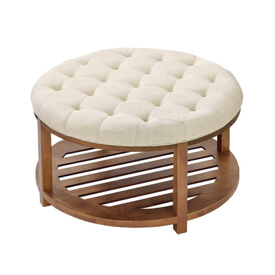 Large Round Ottoman Coffee Table, 31.9 Inch Tufted Coffee Table With Solid Wood Shelf Storage, Linen Solid Upholstered Footrest Ottoman For Bedroom Living Room, 350 LBS, Linen Color