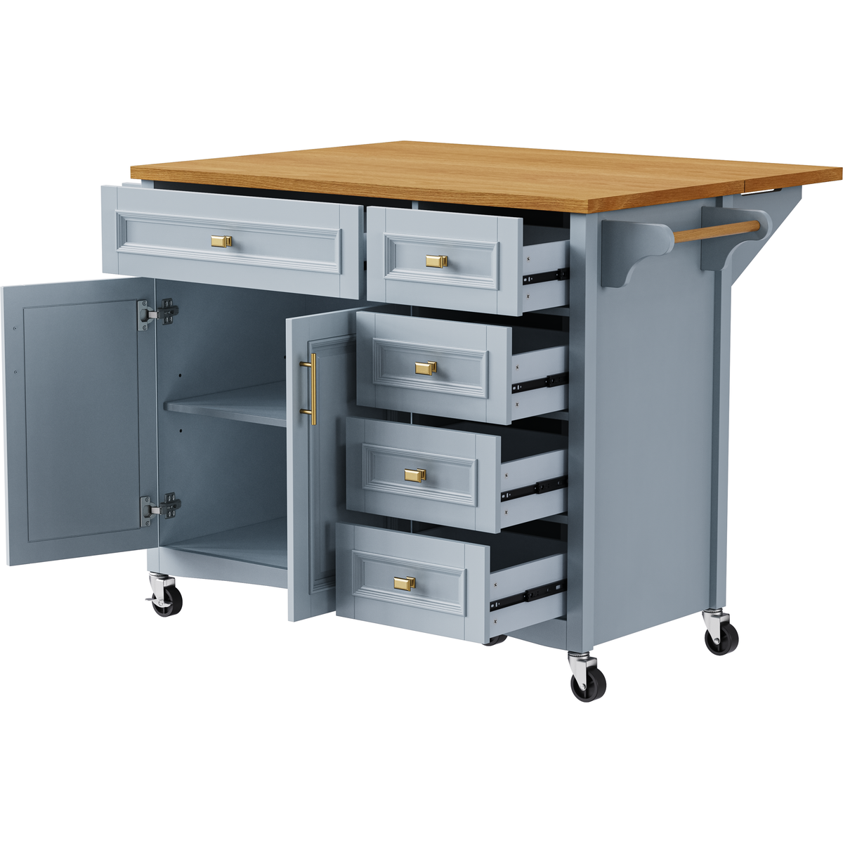 K&K 52'' Kitchen Island with Drop Leaf, Embossed Texture Kitchen Island on Wheels with Spice Rack, Towel Rack, 2 Doors and 5 Drawers, Kitchen Storage Cart with Adjustable Shelf for Kitchen, Blue Grey