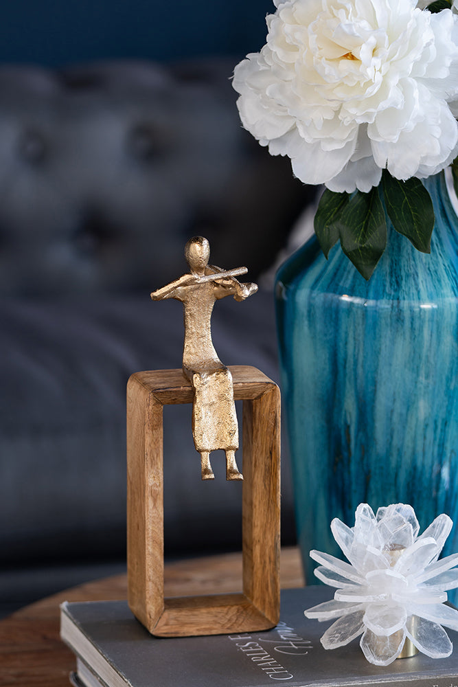 Musician Figure Sculpture with Mango Wood Base Decorative Tabletop Accent